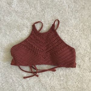 Netted detailed high neck halter swimsuit